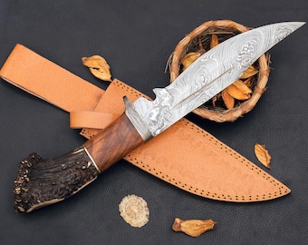 Custom Engraved Hunting Knife: Handmade Stag Antler Handle, Leather Sheath