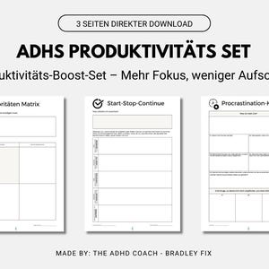 Könnte beinhalten: Ein schwarz-weißes, druckbares Produktivitäts-Set für Menschen mit ADHS. Das Set enthält drei Arbeitsblätter: Prioritäten Matrix, Start-Stop-Continue und Procrastination-Killer. Die Arbeitsblätter sollen Menschen mit ADHS helfen, sich zu konzentrieren, Aufgaben zu priorisieren und Prokrastination zu überwinden.