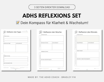 ADHS Reflexions Set PDF Tag Woche Monat | Tagesreflexion Wochenreflexion Journal Deutsch | Selbstreflexion Psychologe | GoodNotes