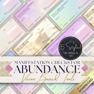 Puede incluir: Un conjunto de cheques de manifestación imprimibles para la abundancia. Los cheques están diseñados para parecerse a los cheques bancarios tradicionales con un esquema de color pastel y un diseño caprichoso. Los cheques incluyen el texto "Banco de Abundancia Ilimitada" y "Pagar a la orden de".