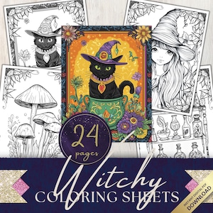 Witchy Coloring Pages | 24 Printable Sheets, Fantasy, Crystals, Grayscale, Adult Coloring Book, Spiritual Coloring | Digital Download