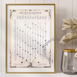 Op de afbeelding: Een ingelijste 2023 Maankalender met een bloemenontwerp. De kalender toont de maanfasen voor elke dag van het jaar. De kalender is gedrukt op een crèmekleurige achtergrond met zwarte en gouden tekst.