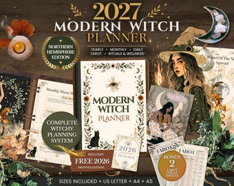 May include: A 2027 Modern Witch Planner set featuring a central planner book, a 2026 previous edition, and two tarot cheat sheets. The design includes illustrations of a witch, a black cat, floral motifs, and moon phases with text overlays.