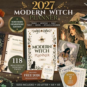 May include: A 2027 Modern Witch Planner featuring 118 pages, including yearly, monthly, and daily layouts, tarot, moon, and ritual sections. The set includes a free 2026 edition, two tarot cheat sheets, and is available in US Letter, A4, and A5 sizes.
