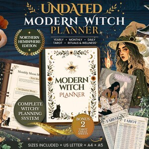 Può includere: Un'agenda Modern Witch Planner senza data con un libro centrale illustrato con un occhio e un gatto, circondato da pagine lunari mensili, un calendario Wheel of the Year e due schede di tarocchi. Include i formati US Letter, A4 e A5.