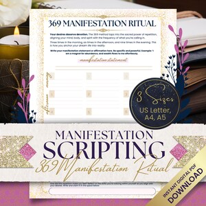 Peut inclure: Une feuille de travail imprimable pour un rituel de manifestation 369 avec des accents de paillettes dorées. La feuille de travail comprend une section pour écrire une déclaration de manifestation et une grille pour les affirmations quotidiennes. Le texte "369 Manifestation Ritual" est écrit en lettres noires et grasses.