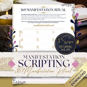 May include: A printable 369 manifestation ritual worksheet with a gold and pink glitter design. The worksheet includes a section for writing a manifestation statement and a grid for daily affirmations. The text on the worksheet reads "369 Manifestation Ritual".