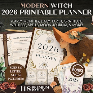 2026 Modern Witch Printable Planner | Witchy Journal & Grimoire Pages | Moon Manifestation Tarot Journal | Digital Download Planner | SSC04