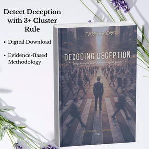 Puede incluir: Un libro titulado "Decoding Deception" con una portada de escena urbana. El título del libro está en letras blancas grandes, con el subtítulo "Deep Analysis and Methodological Guide". El texto de la izquierda dice "Detect Deception with 3+ Cluster Rule", "Digital Download" y "Evidence-Based Methodology".