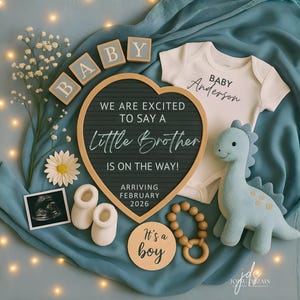 May include: An announcement for a baby boy, featuring a heart-shaped sign that reads "We are excited to say a Little Brother is on the way! Arriving February 2026." Includes a baby onesie, a plush dinosaur, and wooden blocks spelling "BABY".