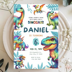 Bearbeitbare Dinosaurier-Geburtstagseinladung, 6. Geburtstag, T-Rex-Geburtstagseinladung, Jungeneinladung Geburtstagseinladungsvorlage, Canva