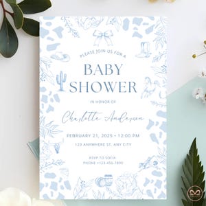Toile De Jouy Cowboy Baby Shower Invitation, Editable Dusty Blue Baby Shower Invite, Baby Shower Invitation Boys, Printable invite, Canva