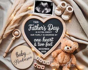 May include: A heartwarming announcement featuring a heart-shaped chalkboard with the text "Father's Day is extra sweet." Includes a sonogram, baby shoes, a teddy bear, and wooden blocks spelling "BABY."