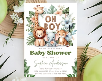 Oh Boy Safari Baby Shower Invitation, Jungle Animals Theme, Editable Boy Baby Shower Template, Lion Elephant Giraffe Printable Invite, Canva