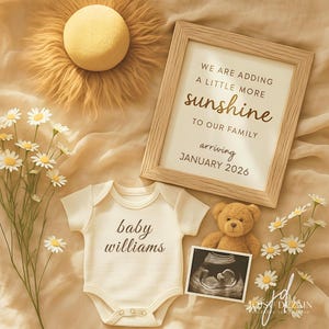 Faire-part de grossesse Boho Sunshine modifiable Modèle de révélation simple, neutre entre les sexes, soleil, toile d'été en téléchargement numérique pour Instagram