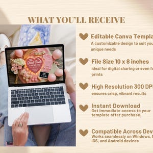 May include: A laptop displaying a pregnancy announcement template with pink accents, a teddy bear, and the text "The Grand Finale is on her way!" The image also shows the text "What You'll Receive" and details about the template.