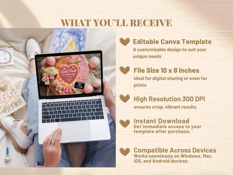 May include: A laptop displaying a pregnancy announcement template with pink accents, a teddy bear, and the text "The Grand Finale is on her way!" The image also shows the text "What You'll Receive" and details about the template.