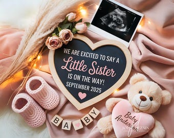 Digital Girl Gender Reveal Pregnancy Announcement Little Sister Editable Template Boho Bear Minimalist Baby Reveal for Husband Social Media