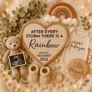 May include: A heartwarming pregnancy announcement featuring a wooden heart with the text "After every storm there is a Rainbow" and "Arriving December 2026." Includes a teddy bear, baby shoes, a onesie, and a rainbow decoration.