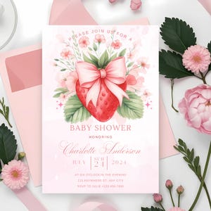 Babypartyeinladung Rosa Bogen Erdbeere, Babyparty Canva Elegante Rosa Kokette Beere Süße Babypartyeinladung