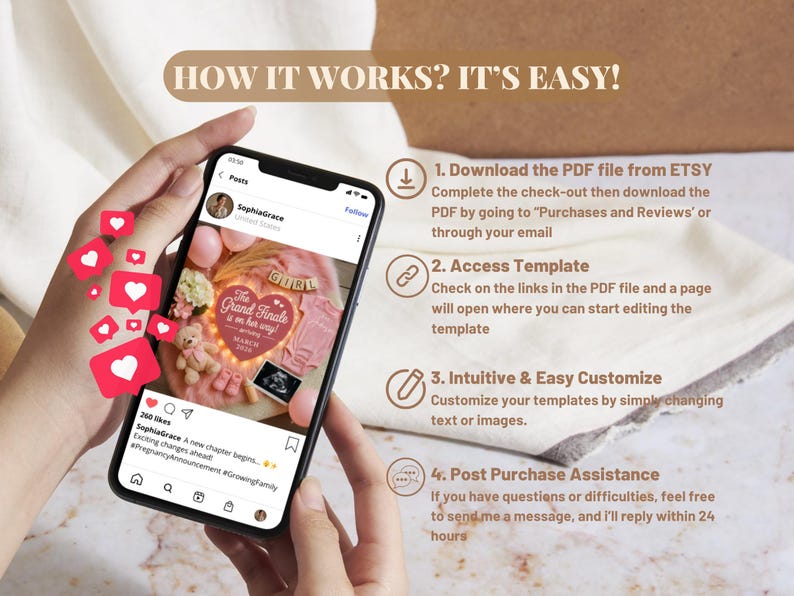May include: A smartphone displays a pregnancy announcement template with pink accents and the text "The Grand Finale is on her way!" Instructions on how to download and customize the template are also shown.
