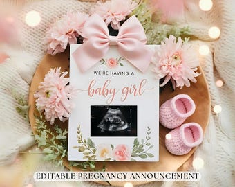 Editable Gender Revealing Second Pregnancy Announcement Baby Arriving Its a Girl Digital Reveal Simple Template Boho Neutral Announcement