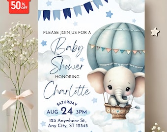 Dusty Blue Hot Air Balloon Baby Shower, Elephant Baby Shower, Air Balloon Baby Shower, Baby Shower Invitation Boys, Printable Invite, Canva