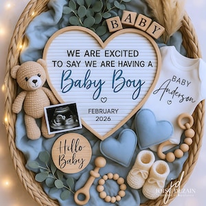 Annuncio di gravidanza Boho Boy, annuncio digitale del bambino, rivelazione del sesso del bambino in blu, annuncio di maternità, rivelazione del sesso del bambino minimalista modificabile