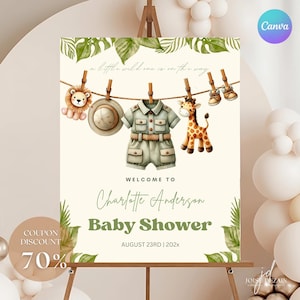 Safari-Babyparty-Einladung Dschungel-Thema Junge einladen Greenery-Wäscheleine bearbeitbare Canva-Vorlage Babyparty-Willkommensschild kleiner Wilder