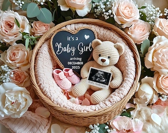 Its a Girl Pregnancy Announcement Digital Template Pink Floral Spring Minimalist Baby Reveal Editable Instagram Boho Neutral Cozy Design