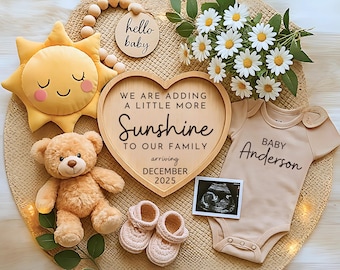 Editable Sunshine Pregnancy Announcement Boho Summer Baby Reveal Template Simple Gender Neutral Sun Design Canva Digital Download Instagram
