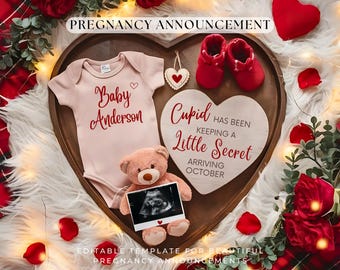 Editable Valentines Day Pregnancy Announcement Minimalist Baby Reveal Template Neutral Boho Social Media Baby Announcement Gender Neutral