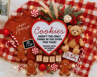 Anuncio de embarazo navideño editable con temática de galletas neutras, digital, acogedor, para revelar el bebé, estilo bohemio, para redes sociales.