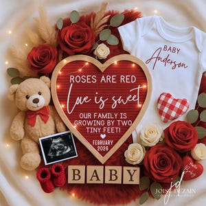Valentines Day Digital Pregnancy Announcement Template February Baby Reveal Gender Reveal Boy Girl Editable Baby Announcement Tiny Feet Rose