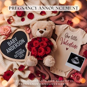 Valentines Pregnancy Announcement Digital Gender Neutral Baby Reveal February Boho Minimalist Cute Canva Pregnancy Announcement Template