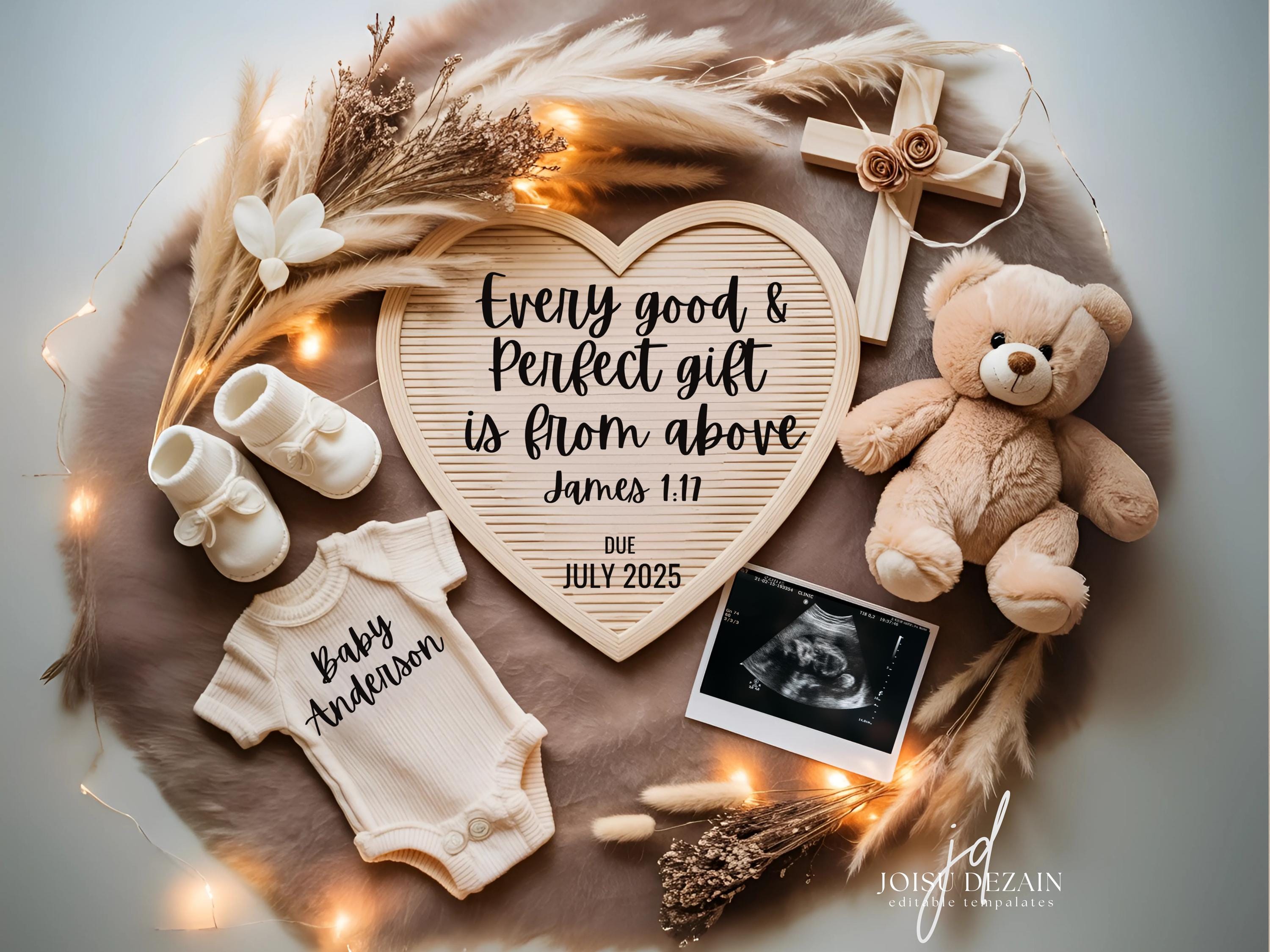 Christian Pregnancy Announcement Digital Faith-Based Baby Reveal Every Good Gift Editable Gender Neutral Minimalist Social Media Template