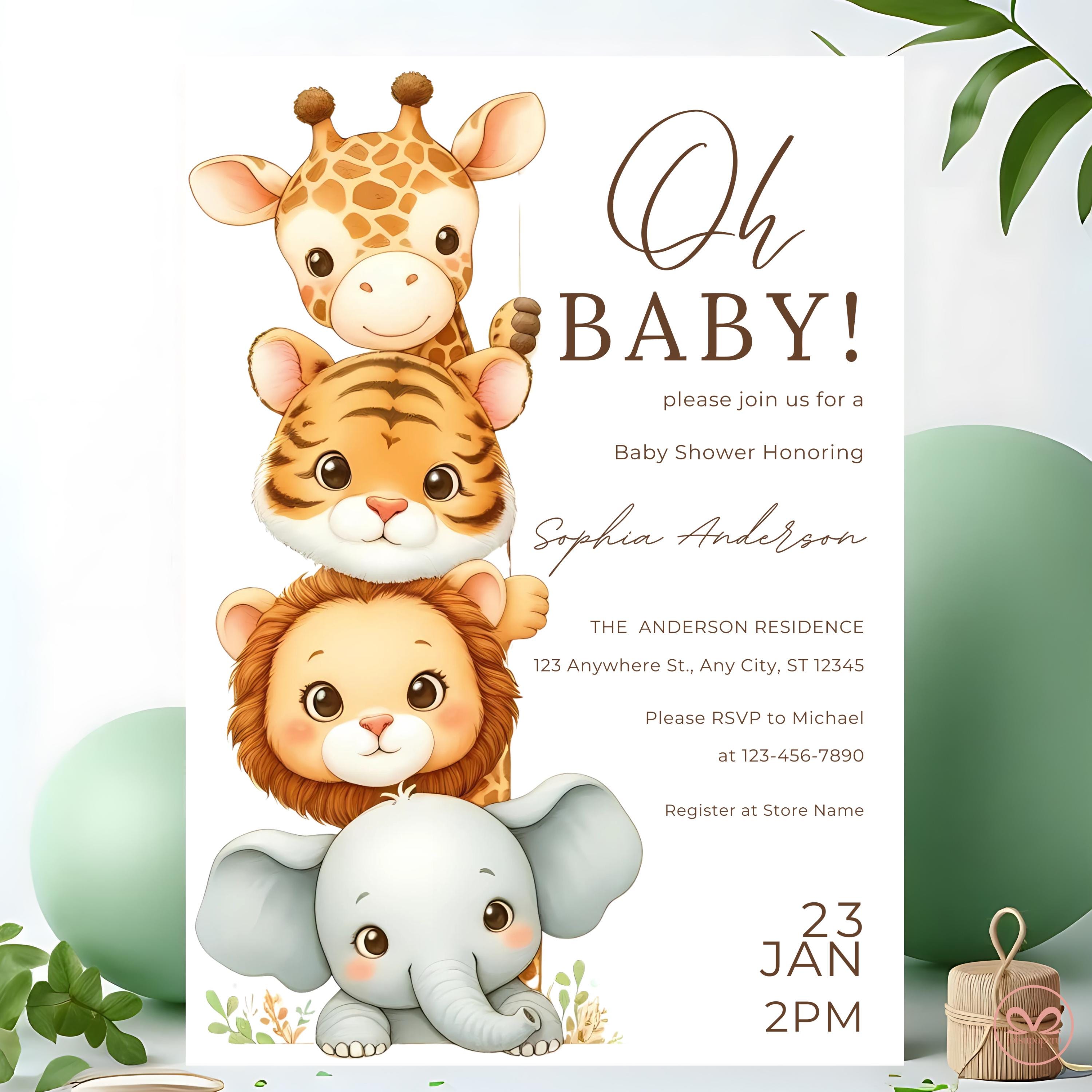 Oh Baby Safari Baby Shower Invitation, Gender Neutral Jungle Animals Baby Shower Invite, Giraffe Tiger Lion Elephant Theme, Canva Template