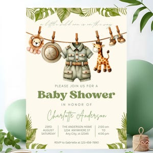 Un piccolo selvaggio sta arrivando: invito per baby shower a tema safari, baby shower per bambini a tema giungla, invito con stendibiancheria Greenery, modello Canva modificabile