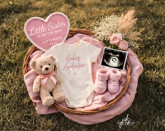 Baby Girl Schwangerschaftansage Es ist ein Mädchen Gender Reveal Bearbeitbare kleine Schwester Social Media Template Boho Minimal Canva Baby Reveal