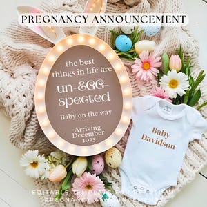 Bewerkbare sjabloon lente zwangerschap aankondiging digitale baby kondigen april Reveal Boho baby aankondigen eenvoudige baby onthullen afdrukbare Pasen