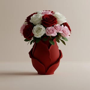 以下が含まれることがあります： 深紅のチューリップ型の花瓶に、赤、白、ピンクのバラの花束。 花は丸みを帯びた形で配置され、緑の葉がコントラストをなしています。 花瓶はマットな仕上がりです。