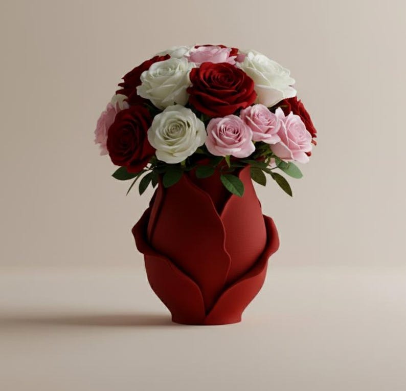 以下が含まれることがあります： 深紅のチューリップ型の花瓶に、赤、白、ピンクのバラの花束。 花は丸みを帯びた形で配置され、緑の葉がコントラストをなしています。 花瓶はマットな仕上がりです。