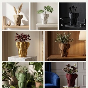 K&ouml;nnte beinhalten: Die Elefanten-Kollektion. Eine Collage von elefantenf&ouml;rmigen Vasen in verschiedenen Farben, darunter Gold, Gr&uuml;n und Rot, die jeweils verschiedene Pflanzen und Blumen enthalten. Einige Vasen sind mit getrockneten Gr&auml;sern gef&uuml;llt, w&auml;hrend andere frisches Gr&uuml;n und Bl&uuml;ten zeigen. Die Vasen werden auf Tischen und Regalen ausgestellt.
