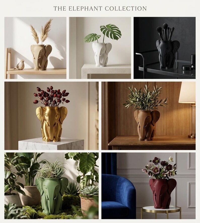K&ouml;nnte beinhalten: Die Elefanten-Kollektion. Eine Collage von elefantenf&ouml;rmigen Vasen in verschiedenen Farben, darunter Gold, Gr&uuml;n und Rot, die jeweils verschiedene Pflanzen und Blumen enthalten. Einige Vasen sind mit getrockneten Gr&auml;sern gef&uuml;llt, w&auml;hrend andere frisches Gr&uuml;n und Bl&uuml;ten zeigen. Die Vasen werden auf Tischen und Regalen ausgestellt.