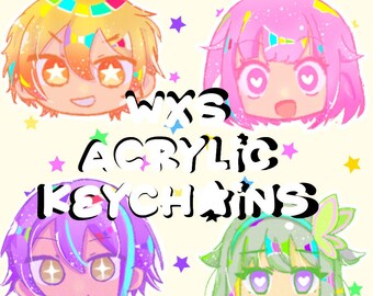 Puede incluir: Cuatro diseños de personajes de estilo anime coloridos con acentos de estrellas y el texto "WXS ACRYLIC KEYCHAINS". Los personajes tienen diferentes colores de cabello: amarillo, rosa, morado y verde. El fondo es de color beige claro.