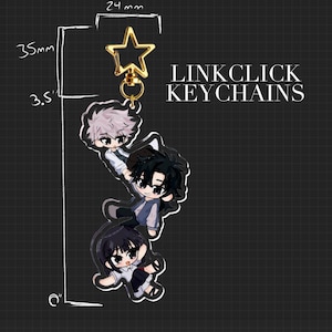 May include: A keychain featuring three anime-style characters stacked vertically. The keychain is 3.5 inches long and has a gold star-shaped clasp. The text "LINKCLICK KEYCHAINS" is printed on the background.