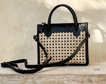 Leather and Rattan Crossbody Bag, Boho Rattan Leather Clutch, Black Rattan handbag for women