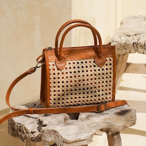 Tan Leather Rattan Shoulder Bag, Small Rattan Leather Crossbody Bag