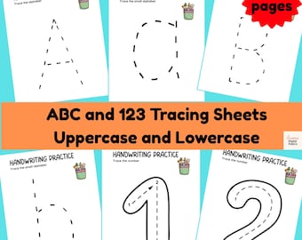 May include: A set of 62 printable tracing sheets for kids to practice writing uppercase and lowercase letters and numbers. The sheets feature dotted lines for tracing and are labeled "Handwriting Practice".