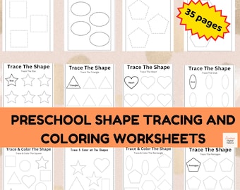 35 Preschool Shape Tracing Worksheets, Printable Shape Tracing, Coloring and Tracing, Printable PDF for Kids, Fine Motor Skills Practice